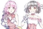  2girls :d :o alternate_costume anyoji_hime bare_shoulders black_hair blonde_hair blue_eyes blunt_bangs blunt_ends blush bob_cut braid collarbone commentary dress dress_flower flower gradient_hair green_eyes grin highres long_hair love_live! love_live!_hasu_no_sora_jogakuin_school_idol_club momose_ginko multicolored_hair multiple_girls off-shoulder_dress off_shoulder open_mouth pink_hair red_dress ruoguiling short_hair simple_background single_braid sleeveless sleeveless_dress smile untranslatable_commentary upper_body very_long_hair virtual_youtuber white_background 