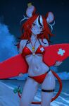  1girl alternate_costume animal_ear_fluff animal_ears armpit_crease beach bikini black_hair blue_eyes bow breasts cameltoe cloud collarbone contrapposto grin groin groin_tendon hair_down hakos_baelz halterneck highres holding holding_surfboard hololive hololive_english lifeguard long_hair medium_breasts mountainous_horizon mouse_ears mouse_girl mouse_tail mousetrap multicolored_hair navel night o-ring o-ring_bikini o-ring_top outdoors red_bikini red_hair ribs skindentation smile solo stomach streaked_hair string_bikini surf surfboard swimsuit tail tail_bow tail_ornament teeth thigh_strap toned toned_female triangle_bikini_top underboob virtual_youtuber whistle whistle_around_neck white_hair yan_kodiac 