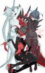  3girls black_bodysuit black_hair black_mask blue_eyes blue_sclera bodysuit braid colored_sclera commentary double_bun eye_mask greatsword hair_bun hair_ribbon high_heels highres holding holding_single_shoe holding_staff lady_noir long_hair marinette_dupain-cheng mask miraculous_ladybug multicolored_hair multiple_girls multiple_persona polka_dot_bodysuit red_bodysuit red_eyes red_hair red_mask red_pupils red_ribbon ribbon seio_(nao_miragggcc45) shadybug single_braid staff streaked_hair sword twintails twitter_username untranslatable_commentary very_long_hair watermark weapon white_bodysuit white_mask 