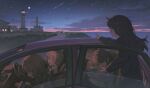  5girls absurdres black_sweater blonde_hair brown_hair camera car closed_eyes cloud commentary_request grey_sweater highres holding holding_camera horizon hyxifeng lighthouse long_hair long_sleeves looking_to_the_side meteor_shower motor_vehicle multiple_girls ocean one_eye_closed open_mouth original outdoors path scenery shore sitting sky sleeping star_(sky) steering_wheel sweater twilight 
