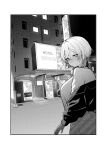  1girl absurdres blush breasts building choker commentary_request crossed_bangs ear_piercing from_behind greyscale hair_between_eyes highres huge_breasts jacket jacket_partially_removed kakenai_node_yattemita kujou_rei_(kakenai_node_yattemita) looking_at_viewer looking_back love_hotel monochrome multicolored_hair night nose_blush official_art okakiru outdoors pants piercing pointing screentones shirt short_hair solo sweatdrop two-tone_hair wolf_cut 