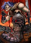  1boy blood blood_on_weapon blue_hair bread cahara_(fear_&amp;_hunger) commentary english_commentary fear_&amp;_hunger_(series) fear_&amp;_hunger_1 food foot_injury guro highres impaled injury mold nail_(hardware) niezziq_draws pain plank pus saliva sword tears veins weapon x-ray 
