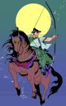  1boy animal black_hair bow_(weapon) commentary_request drawing_bow full_body full_moon golden_kamuy gradient_background helmet highres holding holding_bow_(weapon) holding_weapon horse horseback_riding japanese_clothes male_focus moon riding short_hair signature solo tsukishima_hajime tsuruko_turuta weapon 