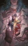  2boys 632698090 armor bishounen broken commentary_request corset gemini_saga hand_on_own_chest highres holding holding_weapon jewelry knife looking_afar male_focus medium_hair multiple_boys necklace open_clothes open_shirt pisces_aphrodite reaching reaching_towards_viewer saint_seiya saint_seiya:_legend_of_sanctuary shirt weapon white_shirt 