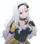  1girl artist_name black_choker black_gloves black_hairband breasts choker cleavage closed_mouth collarbone commentary_request flower gloves hair_flower hair_ornament hairband hand_up highres idolmaster idolmaster_(classic) idolmaster_million_live! idolmaster_million_live!_theater_days large_breasts long_hair looking_at_viewer official_alternate_costume pink_eyes puffy_short_sleeves puffy_sleeves shijou_takane shijou_takane_(light_of_nobles) short_sleeves simple_background skirt solo toji102m upper_body white_background white_hair yellow_skirt 