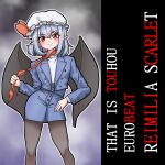  1girl alternate_costume bat_wings blue_hair blue_jacket blue_skirt blush character_name chileshi chinese_commentary closed_mouth commentary_request contrapposto english_text grey_pantyhose hat hat_ribbon highres jacket long_sleeves looking_at_viewer medium_hair mob_cap necktie open_clothes open_jacket pantyhose pointy_ears red_eyes red_necktie remilia_scarlet ribbon shirt skirt smile solo touhou typo white_shirt wings 