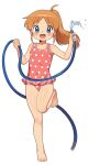  1girl absurdres barefoot blue_eyes brown_hair casual_one-piece_swimsuit commentary_request commission covered_navel flat_chest full_body funifuchan highres holding holding_hose hose long_hair nichijou one-piece_swimsuit pixiv_commission polka_dot polka_dot_swimsuit ponytail professor_shinonome smile solo standing standing_on_one_leg swimsuit variant_set water 
