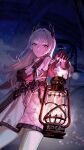  1girl arknights artist_name black_dress blurry blurry_background closed_mouth cowboy_shot dress earrings film_grain gun hair_intakes handgun highres holding holding_lantern irene_(arknights) jewelry lantern light_particles long_hair long_sleeves pantyhose pink_pupils rihi_(leehwa_owo) scar scar_across_eye scar_on_face signature solo standing weapon white_dress white_eyes white_hair white_pantyhose 