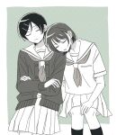  2girls ame_(ameno_ko) cardigan character_request closed_eyes closed_mouth commentary_request crossed_arms futsuu_no_keion-bu hair_ornament hairclip head_on_another's_shoulder highres kouyama_rin leaning_on_person long_sleeves monochrome multiple_girls neckerchief open_cardigan open_clothes open_mouth pleated_skirt sailor_collar school_uniform serafuku shirt short_hair short_sleeves side-by-side sitting skirt sleeping sleeping_on_person sleeping_upright socks 