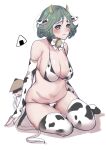  1boy 1girl ajirogasa animal_ears animal_print bell belly bikini commentary_request cow_ears cow_horns cow_print cow_print_bikini cow_print_gloves cow_print_thighhighs cowbell curvy gloves green_eyes green_hair grey_hair hat hinako_(omusubi) horns issa_(omusubi) japanese_clothes kariginu long_hair mame0708 omusubi_(game) plump ponytail print_bikini print_gloves print_thighhighs short_hair solo swimsuit thick_thighs thighhighs thighs 
