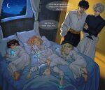 4girls age_difference agott_arklaum_(tongari_boushi_no_atelier) alysius_art ass black_hair blonde_hair blue_hair brushbuddy child coco_(tongari_boushi_no_atelier) commentary creature crescent english_commentary highres long_hair magic magical_girl multiple_boys multiple_girls night olruggio_(tongari_boushi_no_atelier) pink_hair purple_hair qifrey_(tongari_boushi_no_atelier) richeh_(tongari_boushi_no_atelier) short_hair sleeping tetia_(tongari_boushi_no_atelier) tongari_boushi_no_atelier white_hair 
