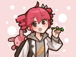  1girl ahoge backpack bag black_eyes blowing_bubbles bubble bubble_pipe drill_hair hair_between_eyes highres kasane_teto long_sleeves looking_at_viewer open_mouth red_hair science_(synthesizer_v) shimejimee simple_background soap_bubbles solo stuffed_animal stuffed_rabbit stuffed_toy twin_drills twitter_username utau 