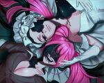  2girls alien_stage black_hair black_jacket blue_eyes breasts cleavage commentary dress gloves heart highres i_hate_summer jacket mizi_(alien_stage) mizi_(zombie_stage) multiple_girls off-shoulder_dress off_shoulder pink_hair rotational_symmetry sua_(alien_stage) sua_(zombie_stage) suit_jacket teeth twintails veil white_dress white_gloves white_veil zombie_stage 