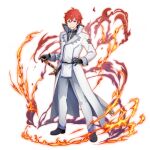  1boy belt black_belt black_gloves blue_eyes coat fire full_body game_asset gloves grand_summoners grey_necktie grey_pants grin hair_between_eyes hand_on_hilt hand_on_own_hip long_sleeves looking_at_viewer male_focus necktie official_art pants re:zero_kara_hajimeru_isekai_seikatsu red_hair reinhard_van_astrea sheath sheathed shirt shoes simple_background smile solo standing sword transparent_background weapon white_background white_coat white_necktie white_pants 