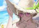 1girl ade_(nikke) alternate_costume beach blue_sky closed_mouth collarbone commentary_request goddess_of_victory:_nikke green_eyes green_nails hat highres long_sleeves nnn_chisi ocean outdoors pink-tinted_eyewear portrait sand sidelocks sky solo sun_hat tinted_eyewear unfinished 