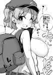  1girl :d ;d ass backpack bag blush breasts butt_crack commentary_request from_behind greyscale hair_bobbles hair_ornament heart highres himajin_noizu huge_breasts kawashiro_nitori lifting_own_clothes looking_at_viewer looking_back monochrome one_eye_closed open_mouth short_hair simple_background smile solo speech_bubble sweatdrop touhou translation_request two_side_up 
