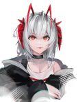  1girl antenna_hair arknights artist_name bare_shoulders black_choker black_jacket breasts bright_pupils choker chromatic_aberration cleavage closed_mouth collarbone commentary cropped_torso grey_hair highres jacket looking_at_viewer multicolored_hair orange_eyes red_hair short_hair simple_background solo streaked_hair tank_top tongue tongue_out w_(act_ii)_(arknights) w_(arknights) white_background white_pupils white_tank_top yozaruu 