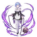  1girl apron black_sleeves blue_eyes blue_hair breasts chain cleavage detached_sleeves full_body game_asset glowing glowing_eye glowing_horns grand_summoners hair_ornament hair_over_one_eye hair_ribbon holding holding_weapon horns looking_at_viewer maid mary_janes medium_breasts official_art pantyhose re:zero_kara_hajimeru_isekai_seikatsu rem_(re:zero) ribbon roswaal_mansion_maid_uniform shoes short_hair simple_background single_horn solo standing transparent_background waist_apron weapon white_apron white_background white_pantyhose x_hair_ornament 