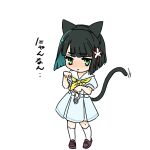  1girl :< animal_ear_hairband animal_ears black_hair blue_dress blunt_bangs blunt_ends bob_cut brown_shoes cat_ear_hairband cat_ears cat_tail closed_mouth commentary_request dress embarrassed fake_animal_ears fake_tail frown full_body green_eyes hairband hasu_no_sora_school_uniform loafers looking_at_viewer love_live! love_live!_hasu_no_sora_jogakuin_school_idol_club medium_dress momose_ginko neckerchief paw_pose pleated_dress puffy_short_sleeves puffy_sleeves sailor_collar sailor_dress school_uniform shinanoya_(satanicad) shoes short_hair short_sleeves simple_background socks solo summer_uniform tail translated virtual_youtuber white_background white_sailor_collar white_socks yellow_neckerchief 