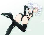  1girl armpits ass bare_shoulders black_boots black_gloves black_sister black_sister_(next-gen_cradle) boots choujigen_game_neptune_mk2 commentary_request daenu dot_nose drill_hair elbow_gloves flat_chest gloves gradient_background green_background green_eyes hand_on_own_hip high_heel_boots high_heels highres leg_focus leg_up light_blush long_hair looking_at_viewer neptune_(series) one-hour_drawing_challenge one_eye_closed open_mouth power_symbol power_symbol-shaped_pupils revealing_clothes shiny_clothes shiny_skin smile solo symbol-shaped_pupils thigh_boots twin_drills twisted_torso white_background white_hair 
