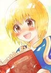  1boy :d ayuko_(ayuco) blonde_hair blush book brown_eyes commentary_request highres holding holding_book hunter_x_hunter kurapika male_focus open_book open_mouth reading short_hair smile solo upper_body 