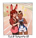  2girls absurdres alternate_costume animal_ear_fluff animal_ears black_pantyhose black_shirt bleachers blonde_hair blush border brown_hair camera closed_mouth commentary dark-skinned_female dark_skin english_commentary english_text eyelashes grass harriet_bree heart highres holding holding_camera in-franchise_crossover jacket jewelry lightning_bolt_symbol long_hair mohawk multicolored_hair multicolored_shorts multicolored_tank_top multiple_girls necklace open_clothes open_jacket open_mouth outdoors pantyhose pink_eyes pink_skirt plaid_clothes plaid_jacket rabbit_ears rabbit_girl red_jacket rwby shirt short_hair shorts skirt smile sportswear tank_top teeth track_and_field two-tone_hair upper_teeth_only velvet_scarlatina very_short_hair violet_sears white_border wristband yuri 