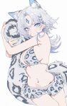  1girl absurdres animal_ears animal_print anska blue_eyes bra breasts cleavage closed_mouth commentary english_commentary forehead_jewel grey_bra grey_hair grey_skirt highres holding_own_tail indie_virtual_youtuber large_breasts leopard_print leopard_print_bra long_hair looking_at_viewer luciwuzi_(vtuber) miniskirt navel navel_piercing piercing print_bra simple_background skirt snow_leopard_ears snow_leopard_girl snow_leopard_tail solo stomach tail underwear virtual_youtuber white_background 