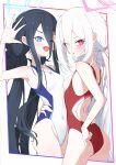  2girls absurdres aqua_halo aris_(blue_archive) aris_(c108_swimsuit)_(blue_archive) back_cutout black_hair blue_archive blue_eyes breasts clothing_cutout commentary_request competition_swimsuit covered_navel detached_sleeves double_bun hair_between_eyes hair_bun halo hand_on_another's_waist highleg highleg_one-piece_swimsuit highres kei_(blue_archive) kei_(student)_(blue_archive) long_hair_between_eyes looking_at_viewer loosely_tucked_bangs multicolored_one-piece_swimsuit multiple_girls one-piece_swimsuit one_eye_closed pink_halo rectangular_halo red_eyes ringed_eyes setsunoato siblings sisters small_breasts smile swimsuit twins two-tone_one-piece_swimsuit two-tone_swimsuit white_hair white_one-piece_swimsuit 