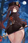  1girl :d ass ass_focus ass_rest ass_support black_hat black_shorts blue_sky brown_hair brown_shoes cloud commentary cowboy_shot english_commentary from_behind full_moon genshin_impact grin hair_between_eyes hat highres holding holding_staff hu_tao_(genshin_impact) long_hair long_sleeves looking_at_viewer looking_back moon naughty_face night red_eyes shoes short_shorts shorts sidelocks signature sky smile solo staff string_rafart thick_thighs thighs tree twintails very_long_hair 