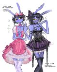  1girl absurdres animal_ears artist_name black_choker black_corset black_eyes black_hair black_thighhighs bow breasts choker cigarette colored_sclera commentary corset dress dress_bow english_commentary english_text fishnet_pantyhose fishnets furry furry_female gender_transitioning gender_transitioning_(mtf) hair_bow highres holding holding_cigarette jax_(female)_(the_amazing_digital_circus) jax_(the_amazing_digital_circus) long_hair maleantee own_hands_together pantyhose pink_bow pink_choker pink_dress ponytail purple_bow rabbit_ears rabbit_girl short_hair the_amazing_digital_circus thighhighs white_thighhighs yellow_sclera 