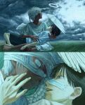  2boys angel angel_wings bandages bandaid bandaid_on_face barefoot black_hair black_shorts bleeding blood cloud cloudy_sky commentary_request grass halo highres kojima_midoriko looking_at_another lying_on_lap male_focus multiple_boys open_mouth original parted_lips shirt short_hair short_sleeves shorts sky white_hair white_halo white_shirt wings 