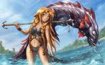  2013 bikini braid fish fishing_net freckles les_chevaucheurs long_hair maxa' midriff monster navel phenice_walholl polearm red_hair river scar solo spear swimsuit water weapon wet 