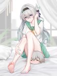  1girl absurdres alternate_costume aqua_eyes barefoot bed black_bow black_hairband blurry blurry_background blush bow breasts caelus_(honkai:_star_rail) character_pillow closed_mouth collarbone colored_tips commentary_request feet firefly_(honkai:_star_rail) full_body green_nails green_pupils green_sailor_collar green_skirt hair_between_eyes hair_bow hairband hand_in_own_hair hand_on_own_leg highres honkai:_star_rail honkai_(series) indoors knees_up large_breasts large_variant_set long_hair looking_at_viewer multicolored_hair nail_polish neckerchief on_bed pillow sailor_collar school_uniform serafuku shirt short_sleeves sitting skirt smile soles solo thighs toenail_polish toenails toes trailblazer_(honkai:_star_rail) variant_set white_shirt yellow_neckerchief yunkaiming 