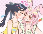  2girls animal_ears black_hair blush braid camisole carrot cat_ears cat_girl commentary english_commentary food-themed_hair_ornament hair_ornament heart highres kerberos_(kerbe_) licking licking_another's_face long_hair multiple_girls one_eye_closed original pink_eyes pink_hair rabbit_ears rabbit_girl red_eyes shirt twin_braids twintails watermelon_hair_ornament white_shirt yellow_camisole yuri 