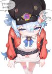  1girl bandaid bandaid_on_knee bandaid_on_leg black_hat black_skirt blue_eyes blue_hair breasts censored closed_mouth collared_shirt commentary_request cotico hair_ornament hairclip hat heart heart_censor highres horns jacket neverness_to_everness panties red_jacket sakiri_(nte) shirt short_eyebrows short_hair single_horn skin-covered_horns skirt small_breasts smile solo underwear white_panties white_shirt 