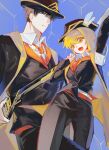  1boy 1girl absurdres black_coat black_hair black_hat black_pants black_vest blonde_hair blue_background coat commentary commentary_request cowboy_shot don_quixote_(project_moon) e.g.o_(project_moon) gold_trim green_eyes gun hat highres hornet_(e.g.o) korean_commentary limbus_company lobotomy_corporation_(identity)_(project_moon) looking_at_viewer meurdon meursault_(project_moon) necktie open_clothes open_coat orange_necktie pants project_moon short_hair vest weapon winged_hat yellow_eyes 