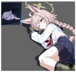  1girl animal_ears black_shorts black_socks blue_archive blue_sailor_collar blue_skirt blush boots braid brown_hair closed_mouth commentary english_commentary fox_ears fox_girl game_screenshot_inset gloves green_boots green_eyes green_gloves green_halo halo highres long_hair melissa_v2 neckerchief one_eye_closed otogi_(blue_archive) red_neckerchief reference_inset sailor_collar school_uniform screenshot_inset serafuku shirt short_shorts shorts shorts_under_skirt skirt socks solo upskirt very_long_braid very_long_hair white_shirt 