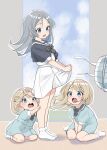  3girls aged_down black_neckerchief blonde_hair blue_eyes clothes_lift commentary_request dress dress_lift electric_fan grey_hair janus_(kancolle) javelin_(kancolle) jervis_(kancolle) kantai_collection lifting_own_clothes long_hair multiple_girls neckerchief sailor_dress sakurai_nana_(moshichi) short_hair short_sleeves siblings sisters standing 