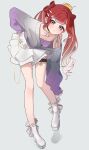 1girl adjusting_footwear bent_over black_choker blush bow-shaped_hair choker collarbone commentary earrings full_body hand_on_own_hip highres jewelry lace lace_choker looking_at_viewer multicolored_hair nijisanji nya_boom purple_eyes red_hair saotome_berry saotome_berry_(2nd_costume) single_off_shoulder solo streaked_hair thigh_strap twintails untranslatable_commentary virtual_youtuber white_hair 
