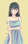  1girl bare_shoulders black_hair blush breasts brown_background carly_nagisa cleavage commentary_request glasses hand_on_own_arm highres ishinonono long_hair nightgown open_mouth simple_background sleepwear smile solo strap_slip yu-gi-oh! yu-gi-oh!_5d's 
