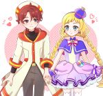  1boy 1girl anime_coloring aqua_bag asako_(puiu9k) bag bag_bow belt belt_buckle beret black_belt black_shirt blonde_hair blue_eyes bow bow_earrings bowtie braid brooch buckle capelet closed_mouth coat collared_capelet commentary_request copyright_notice couple covered_collarbone cowboy_shot cure_friendy deerstalker dot_nose dress dress_bow earrings eyelashes frilled_wrist_cuffs frills gold_buckle grey_pants hair_between_eyes hair_bow hairband happy hat hat_ornament heart heart_background heart_brooch heart_hat_ornament hetero highres hood hood_down hooded_coat inukai_iroha jewelry lace-trimmed_headwear lace_trim layered_sleeves light_blush long_hair long_sleeves looking_at_another low_twin_braids magical_boy magical_girl mini_hat multicolored_bow orange_hood outline pants petticoat pink_bow pink_bowtie pleated_dress polka_dot polka_dot_background precure purple_bow purple_capelet purple_dress purple_eyes purple_hairband purple_hat purple_wrist_cuffs red_hair shirt short_dress short_hair single_stripe sleeve_cuffs smile standing striped_bow striped_bowtie striped_clothes tareme thighhighs toyama_satoru_(magical_boy) tsurime turtleneck turtleneck_shirt twin_braids very_long_hair waist_bag white_background white_coat white_hat white_outline white_thighhighs wonderful_precure! wrist_cuffs zettai_ryouiki 