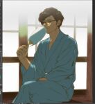  1boy art_program_in_frame black-framed_eyewear brown_eyes brown_hair collarbone commentary_request facial_hair glasses goatee_stubble hand_fan hand_up hm_game9 holding holding_fan japanese_clothes kimono korean_commentary looking_at_viewer male_focus maruki_takuto parted_lips persona persona_5 persona_5_the_royal sitting solo stubble yukata 