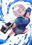  1girl absurdres aiming black_socks blonde_hair blue_eyes blue_jacket breasts colored_eyelashes commentary_request frown full_body glock grey_skirt gun handgun highres holding holding_gun holding_weapon izumida_fuyuki jacket kneehighs large_breasts madara_rumble miniskirt official_art pleated_skirt school_uniform serious skirt socks solo subaru_reo textless_cover_page v-shaped_eyebrows weapon 