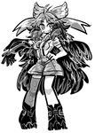  ahoge bow cape elbow_gloves gloves greyscale grin hair_bow hand_on_hip long_hair mechanical_leg monochrome reiuji_utsuho simple_background skirt smile solo suspenders third_eye touhou white_background wings yt_(wai-tei) 