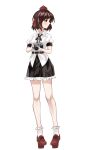  1girl absurdres black_ribbon camera closed_mouth commentary full_body geta hat highres holding holding_camera looking_to_the_side missing_wings nabezoko_(nicovideo128130479) neck_ribbon puffy_short_sleeves puffy_sleeves red_eyes red_hat red_shoes ribbon shameimaru_aya shirt shoes short_hair short_sleeves skirt socks solo tengu-geta tokin_hat touhou white_shirt white_socks 