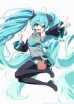  1girl absurdly_long_hair absurdres aqua_eyes aqua_hair aqua_nails aqua_necktie aqua_trim arm_up armpits bad_id bad_pixiv_id bare_shoulders black_boots black_skirt black_sleeves blush boots breasts collared_shirt commentary detached_sleeves floating full_body grey_shirt hair_between_eyes hair_ornament hatsune_miku headset highres keikonics long_hair long_sleeves looking_at_viewer medium_breasts miniskirt necktie night open_mouth pleated_skirt shirt skirt sky sleeveless sleeveless_shirt small_breasts smile solo teeth thigh_boots thighs twintails upper_teeth_only very_long_hair vocaloid white_background 