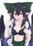  1girl black_bra black_hair black_wings blush bow bra breasts breath cape center_frills commentary_request double-parted_bangs frilled_shirt frills green_bow green_skirt hair_between_eyes hair_bow hands_up heavy_breathing highres hot huge_bow long_hair looking_at_viewer medium_breasts navel open_clothes open_mouth open_shirt pointy_ears red_eyes reiuji_utsuho shirt short_sleeves skirt solo stomach sweat tenamaru touhou underwear upper_body variant_set very_long_hair wings 