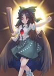 1girl absurdres arm_cannon bird_wings bow brown_hair brown_wings cape chest_eye chinese_commentary collared_shirt commentary_request control_rod_(touhou) feathered_wings green_bow green_skirt hair_bow highres long_hair print_cape red_eyes reiuji_utsuho shirt skirt solo starry_sky_print third_eye toorooo touhou two-sided_cape two-sided_fabric weapon white_cape white_shirt wings 