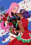  2girls absurdres black_jacket blue_background blue_eyes commentary dark-skinned_female dark_skin dress earrings english_commentary falling_petals flower glasses highres himemiya_anthy holding holding_sword holding_weapon jacket jewelry long_hair looking_at_another multiple_girls petals pink_hair purple_hair red_dress red_flower red_petals red_rose rose rysiooozaur_(rysiutokwiat) shoujo_kakumei_utena signature sleeveless sleeveless_dress smile sword sword_of_dios tenjou_utena weapon 