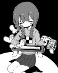  1girl blush braid closed_eyes dokan_(dkn) extra_arms facing_viewer full_body greyscale hair_over_shoulder highres holding kneehighs long_hair long_sleeves madotsuki monochrome no_mouth outline pleated_skirt seiza shirt sitting skirt socks solo stylus sweater twin_braids wariza yume_nikki 